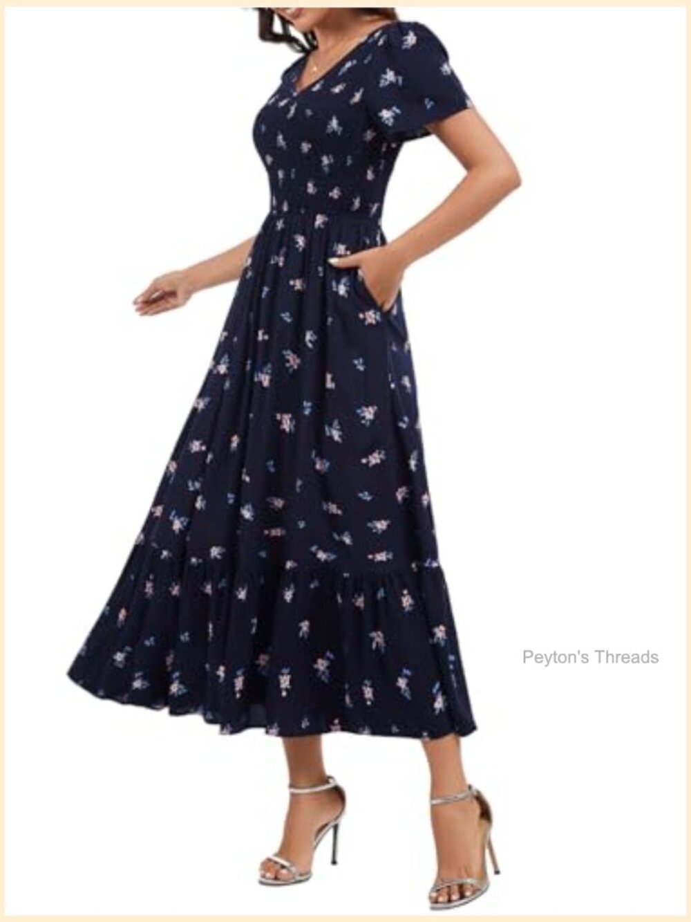 Flowy V Neck Smocked Maxi Dress with Pockets - Picture 3 of 5